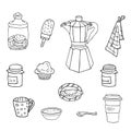 Sweets and coffee kitchen utility collection. Coffee maker, pancake, honey, jam jar, cake, cup, mug, teaspoon, cookies, brownie, t